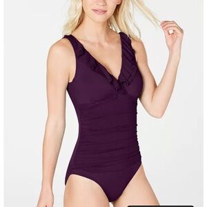 Ralph Lauren Tummy Control Underwire Ruffle One-Piece Swimsuit with V-Neck Small